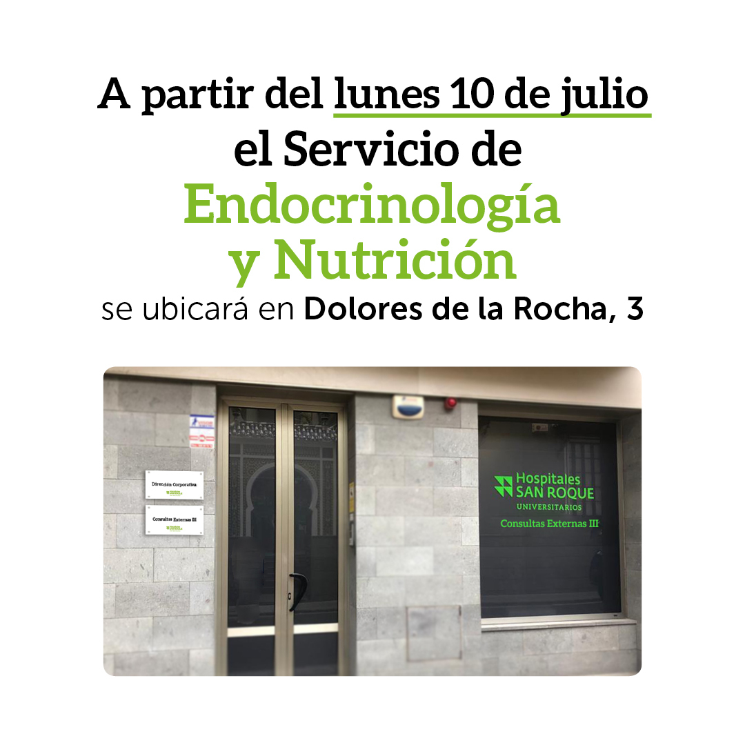 HHSanRoque's tweet photo. Te informamos de que, a partir del próximo lunes 10 de julio, nuestro Servicio de Endocrinología y Nutrición de Vegueta, se ubicará en la calle Dolores de la Rocha, 3.

Consulta con nuestro personal si necesitas ayuda para llegar a la nueva ubicación. https://t.co/2ksNyrF8G2