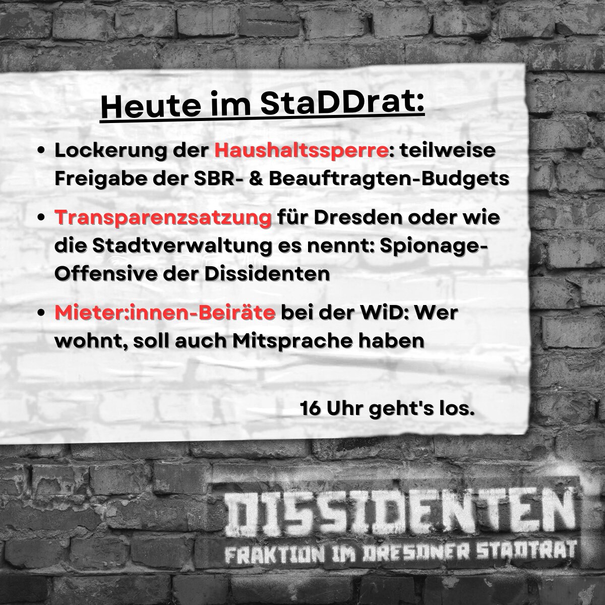 DissidentenDD's tweet photo. Kaum ist unser Neustadt-Erlebnis #Daneben vorbei, geht es wieder ab in den #StaDDrat.
Auf der Tagesordnung stehen heute u.a. 3 #Dissidenten-Anträge.
Ein kurzer Thread. https://t.co/EZuE1wOttk