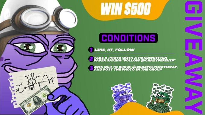 crazypepevip's tweet photo. BIG #GIVEAWAY ! #Win $500! 1 #WINNER 

LIKE, RT this post, follow @crazypepevip,  and take a photo with follow "@crazypepevip" written on paper and post it in https://t.co/cYugxa6ky0. 

Show off your style, creativity, and charm for a chance to win. Good luck! 💸📷 https://t.co/o6WLcQ0rM0