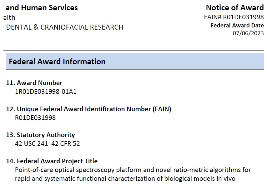 We are thrilled to receive the five-year NIDCR R01 Award to develop point-of-care optical spectroscopy techniques for oral cancer research ! I cannot wait to boost this exciting project with this award.