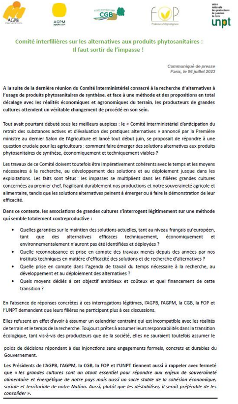 [#CP] 📢Comité interfilières sur les alternatives aux produits phytosanitaires: Il faut maintenant sortir de l’impasse! Les AS grandes cultures attendent un changement de méthode face à des propositions totalement décalées des réalités économiques &amp; agronomiques des producteurs🇫🇷