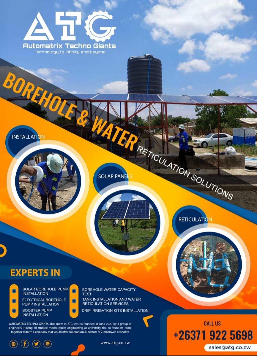 Installation par Excellence ❗
We offer installation services for both electrical and solar boreholes. 

✅Onsite and remote after sales support
✅ Workmanship warranty

Get in touch and equip your borehole today
Sales 0788722052
Technical 0719225698
sales@atg.co.zw
