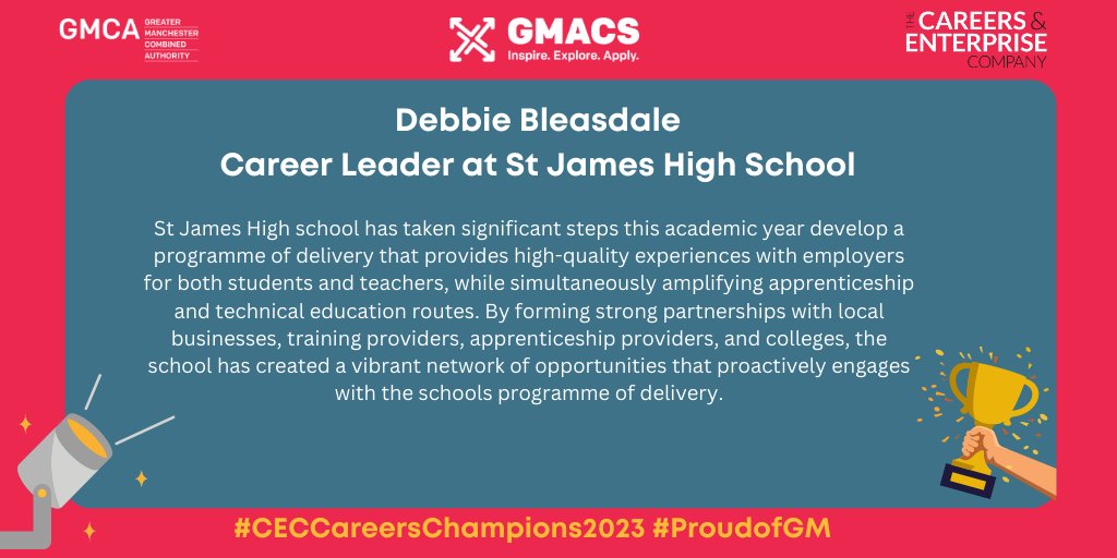 One more #CareersChampion for you today – congratulations to Debbie Bleasdale from @SJCES. Her nomination is for taking significant steps to develop a high quality careers programme, working with a range of stakeholders! #CECCareersChampions2023 #ProudofGM