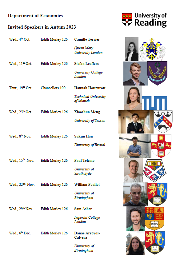 Carl Singleton (@csingletonecon) on Twitter photo Privileged to be organising seminars as a "job" for <a href="/UoREconomics/">Uni of Reading Economics Department</a> in the Autumn --- looking forward to welcoming an exciting lineup of speakers to our pretty campus later this year.
If you are in the area, drop me a line --- you are welcome to pop by for these events. Privileged to be organising seminars as a "job" for <a href="/UoREconomics/">Uni of Reading Economics Department</a> in the Autumn --- looking forward to welcoming an exciting lineup of speakers to our pretty campus later this year.
If you are in the area, drop me a line --- you are welcome to pop by for these events.