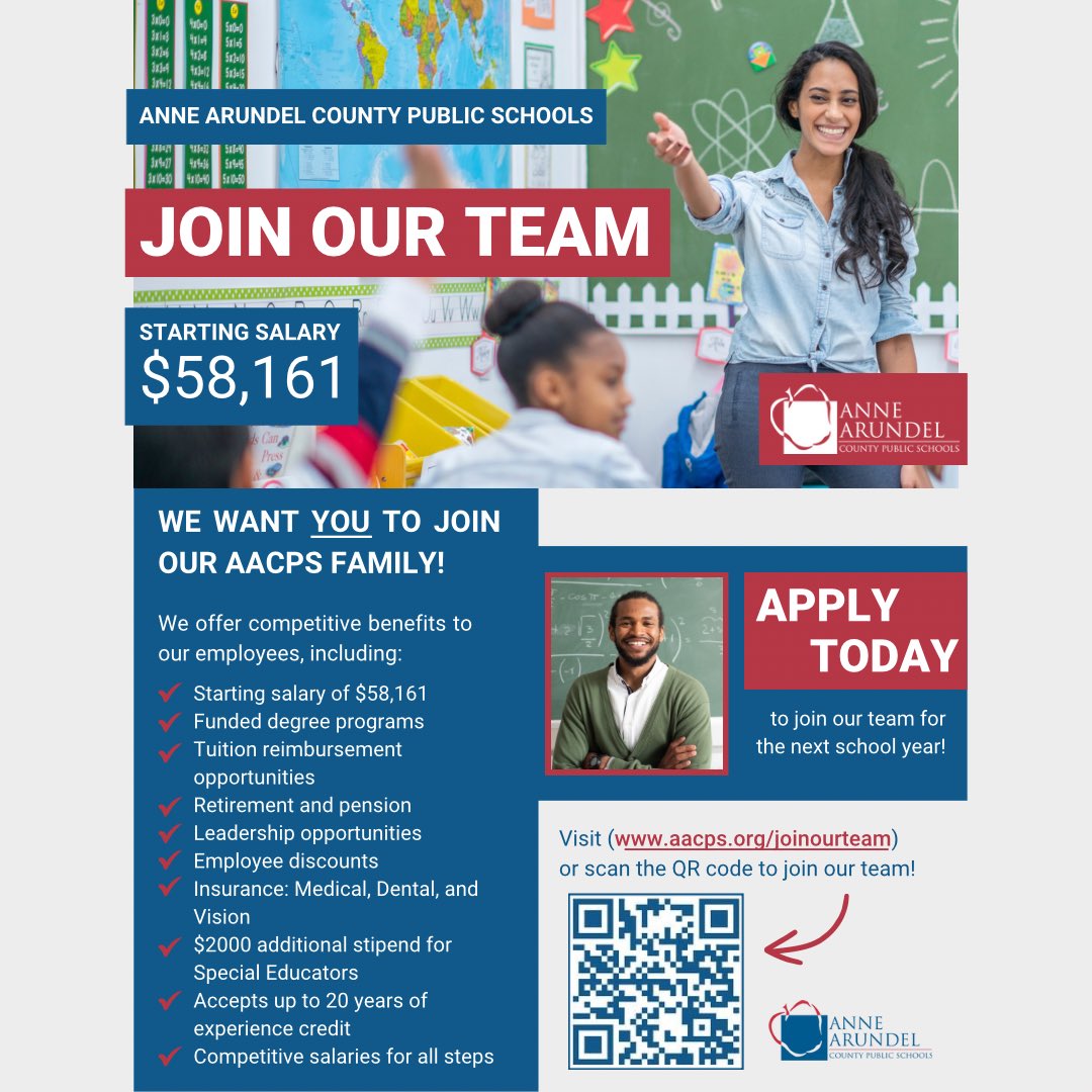 Calling all educators! We want YOU to join our #aacpsawesome team. Whether you are an experienced educator or new to the profession, we would love to share with you why AACPS is where your next journey begins. Apply online through the link in our bio! <a href="/AACountySchools/">AACPS</a>