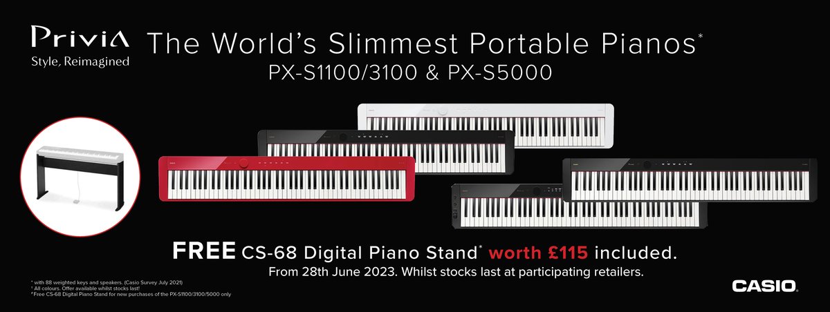 BroughtonPianos's tweet photo. Casio is now offering a FREE matching CS-68 wooden piano stand when purchasing the PX-S1100 (in back, white or red), the PX-S3100 and the PX-S5000! 😃 🎹 🎶 🙌  
#pianist #musician #digitalpianos #pianist #musician #interesting 
@casio_andy @casiomusicuk #casio#casiomusicuk https://t.co/lXTHER6KD8