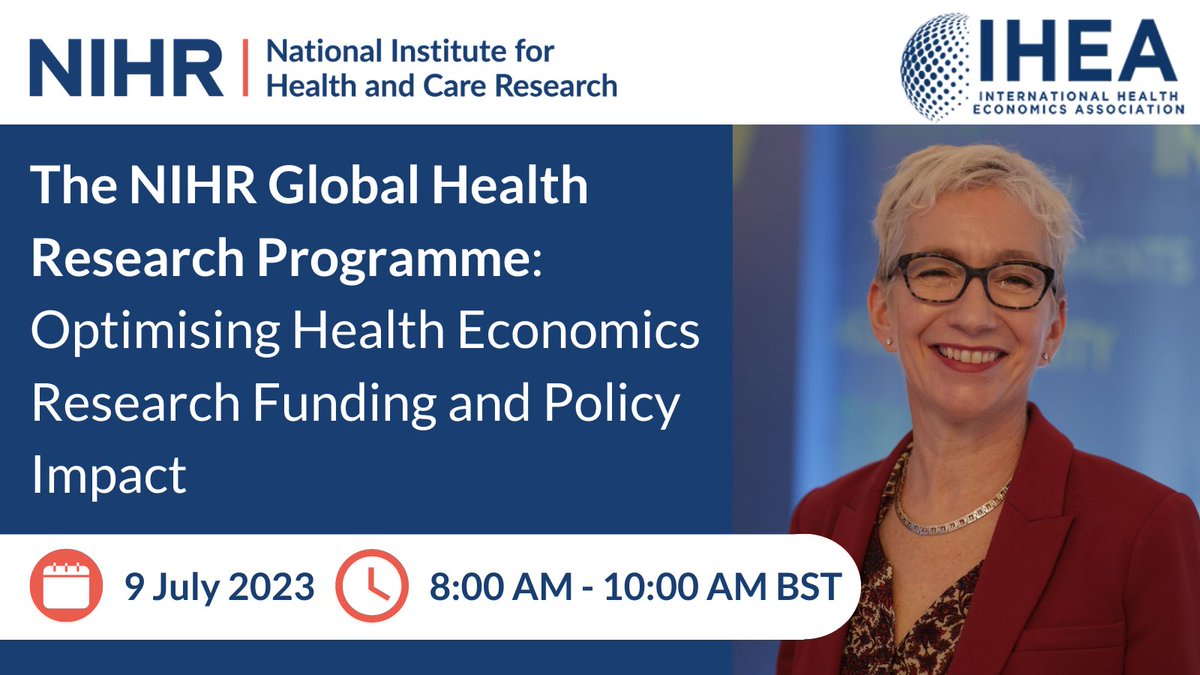 NIHRglobal's tweet photo. Prof Kara Hanson, our #GlobalHealthResearch Programme Director, is speaking at the @healtheconomics's (IHEA) pre-congress session from 8-10am. We will introduce and promote the NIHR's offer to the international health economics community.

Sign up: https://t.co/Dqgflas74G https://t.co/5uSvKULuDt