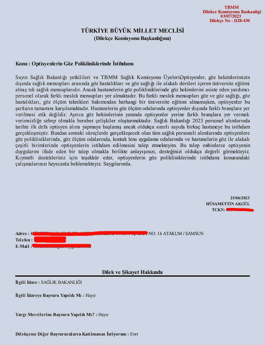 TBMM Sağlık Komisyonu'na ve Sağlık Bakanlığı'na iletilmek üzere, optisyenlerin göz polikliniklerinde istihdamı konulu e-dilekçe iletildi.