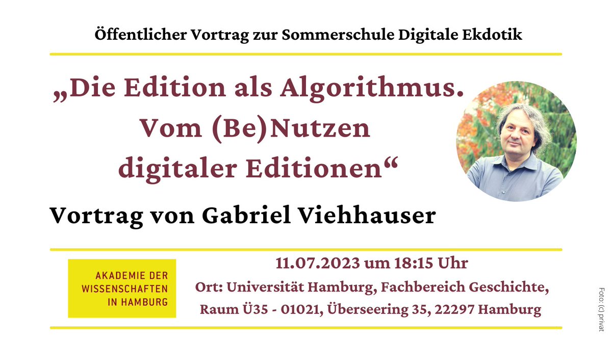 awhamburg's tweet photo. #DigitaleEditionen entfalten ihr wahres Potential erst dann, wenn man sie gemäß ihren Grundzügen als algorithmisch versteht: Darüber spricht Gabriel Viehhauser @Uni_Stuttgart am 11.07.2023 im Rahmen der Sommerschule @FormLitChart @unihh. #DigitalHumanities
https://t.co/nJGuUgZsv8 https://t.co/5UvTD5RNPx
