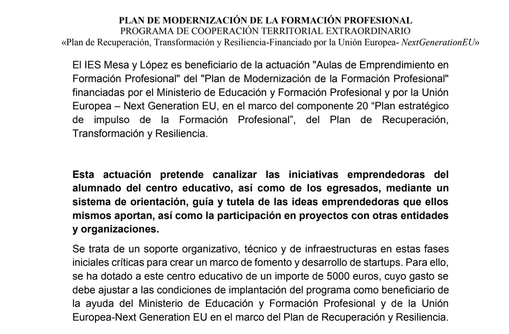 instimesaylopez's tweet photo. Nos satisface comunicar que el próximo curso participaremos en el programa Aulas de Emprendimiento en Formación Profesional dentro del Plan de Modernización de la Formación Profesional. #FP #NextGeneration https://t.co/w8pTuXZ39o