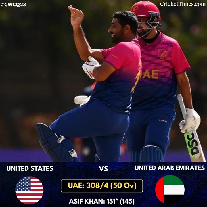 CricketTimesHQ's tweet photo. Asif Khan takes UAE to a massive total 💪👊

#Asifkhan #USAvUAE #CWCQ23 #CricketTwitter https://t.co/YJk7dG1TPO
