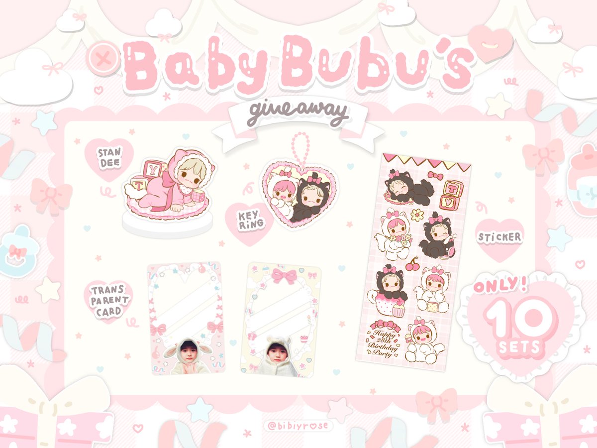 🍨 pls kindly rt 
babybubu's giveaway 🐈♡⁼³₌₃

♡ baby cat keyring
♡ baby cat standee
♡ baby cat sticker 
♡ transparent card

🍼 only 10 sets 
✉️ shipping fee ♡︎ 50 baht 
✉️ gg from ♡ 08/07 time 20:00 

#HAPPYTAEYONGDAY