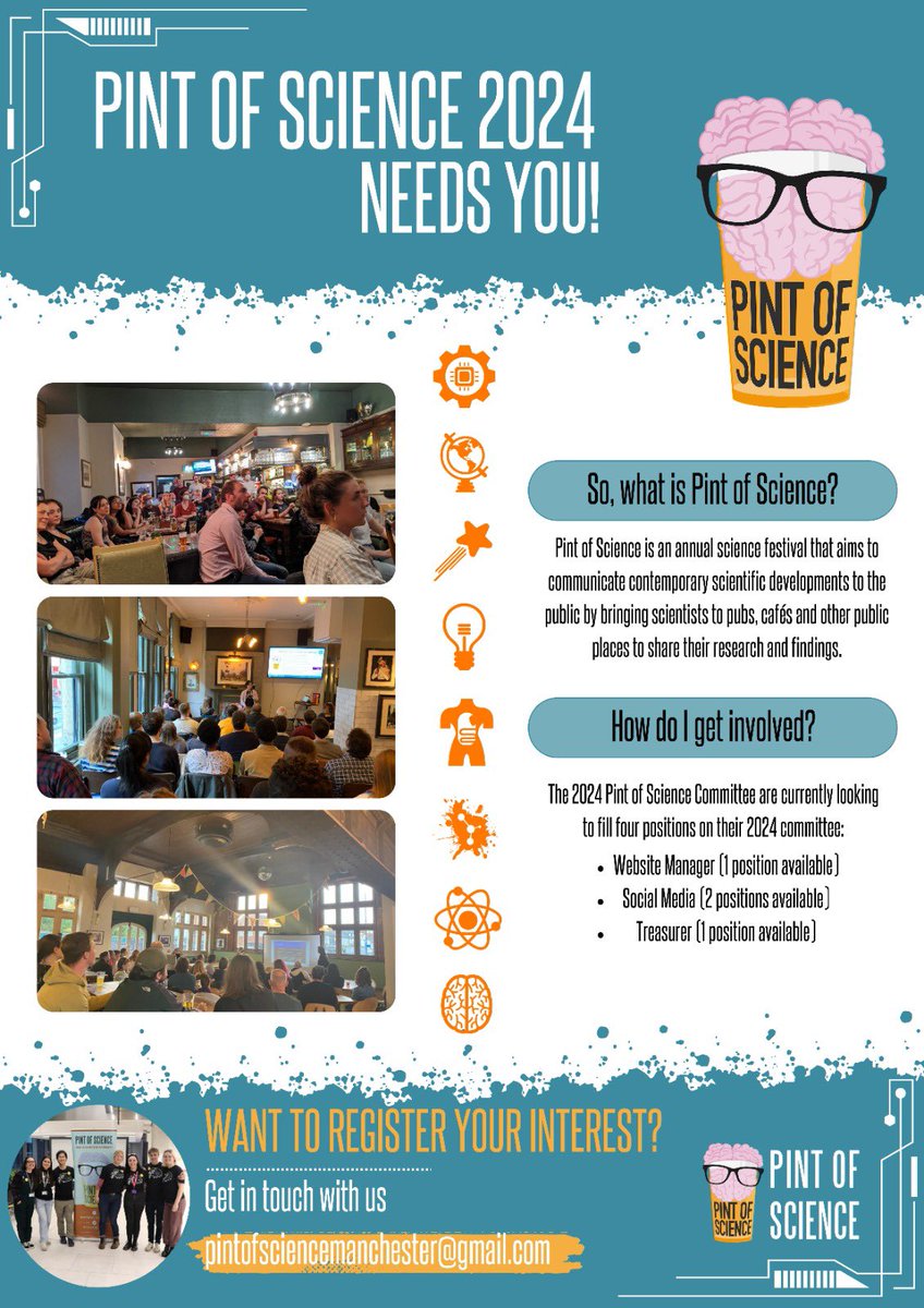 Pint of Science Manchester is looking for new committee members to bring the 2024 festival to life! We have 4 positions available, see below for details 🌎💥🧬🔭🧠
If you’re interested, please email pintofsciencemanchester@gmail.com