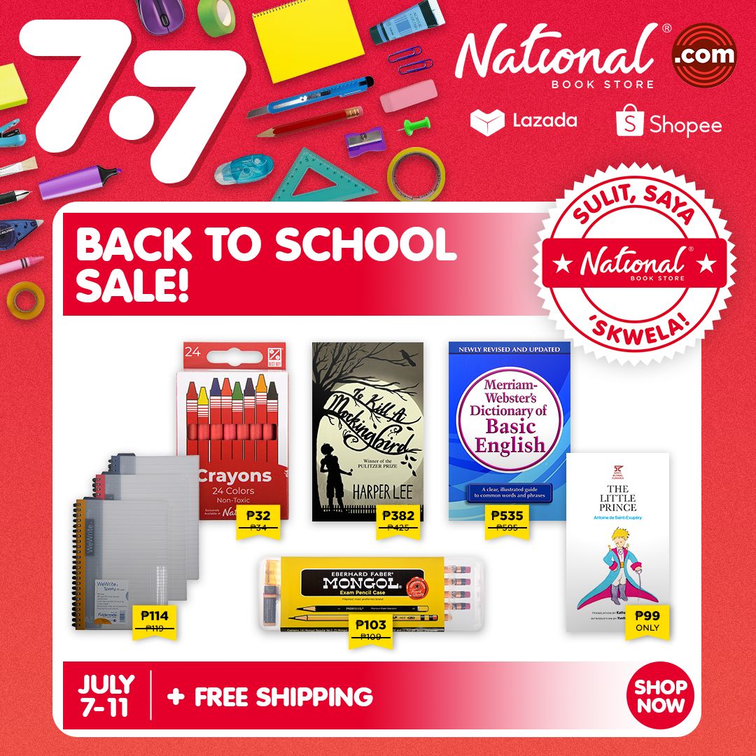 Add to cart now for the 7.7 BACK TO SCHOOL SALE at #NationalBookStore online! Enjoy discounts + FREE SHIPPING on school supplies, school-required reading, and more finds. 

PLUS: Avail of installment via LazPayLater and ShopeePayLater. #SulitSayaSkwela  #BackToSchoolWithNBS