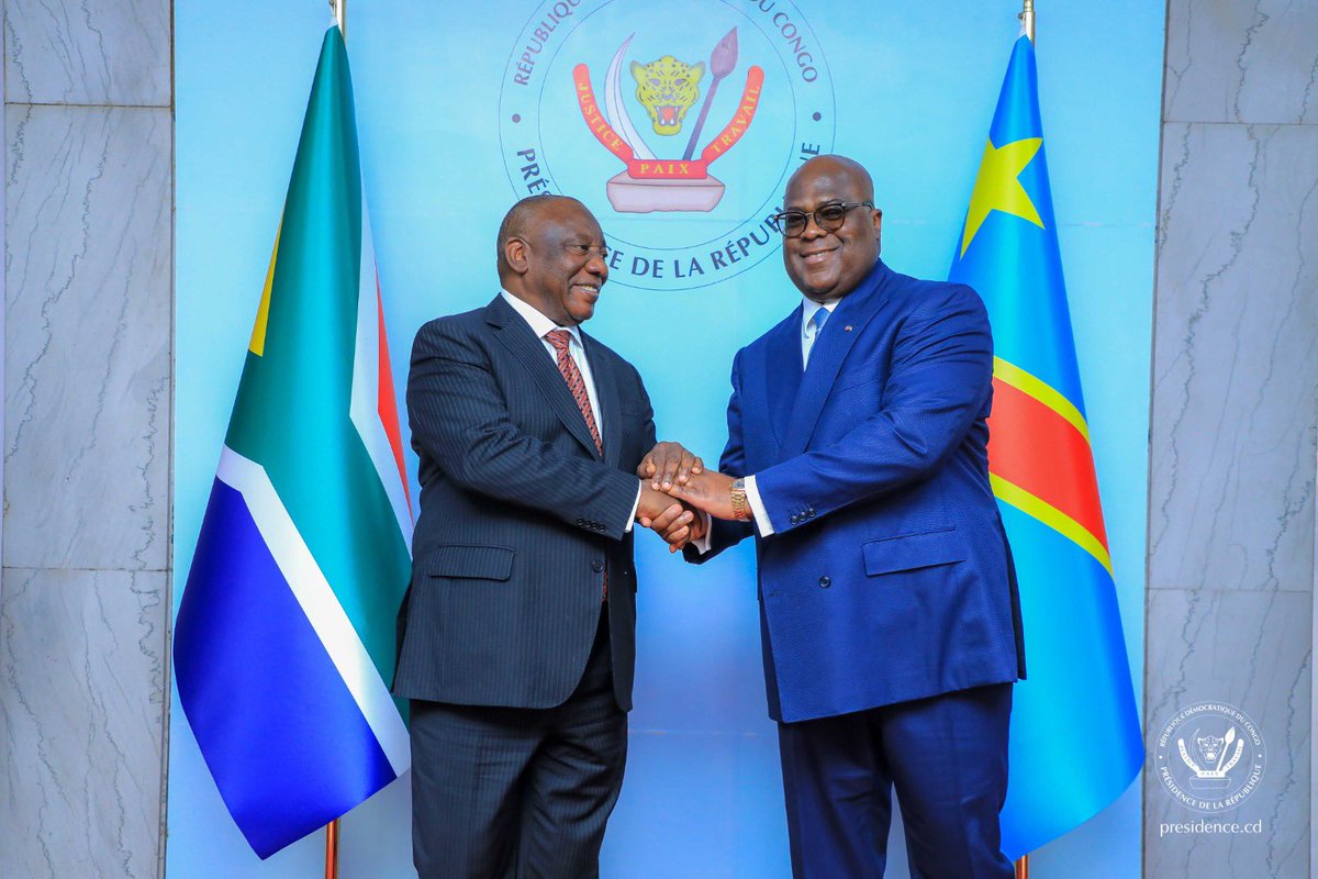 Presidence_RDC's tweet photo. #RDC 06.07.2023|#Kinshasa
Le Président sud-africain @CyrilRamaphosa est reçu, en ce moment au Palais de la Nation, par son homologue Félix Tshisekedi.
Les deux Chefs d’État vont s’entretenir en tête-à-tête avant de participer à la réunion de la Commission mixte #RDC#Southafrica. https://t.co/13VyNRgZbO