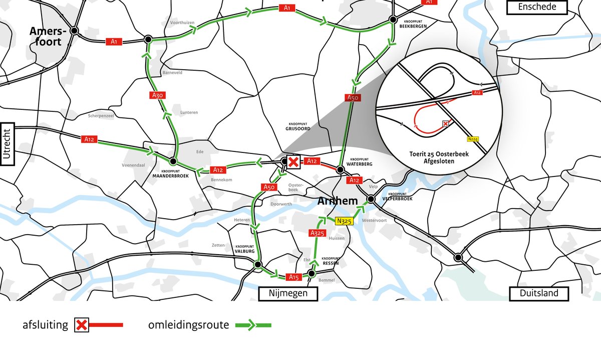 🚧 Van maandag 31 juli 05.00 tot woensdag 9 augustus 04.00 uur is de A12 in de richting van Duitsland afgesloten voor doorgaand verkeer tussen de knooppunten Grijsoord en Waterberg. Ook is de oprit Oosterbeek (25) richting Arnhem afgesloten. Meer info: rijkswaterstaat.nl/nieuws/archief…