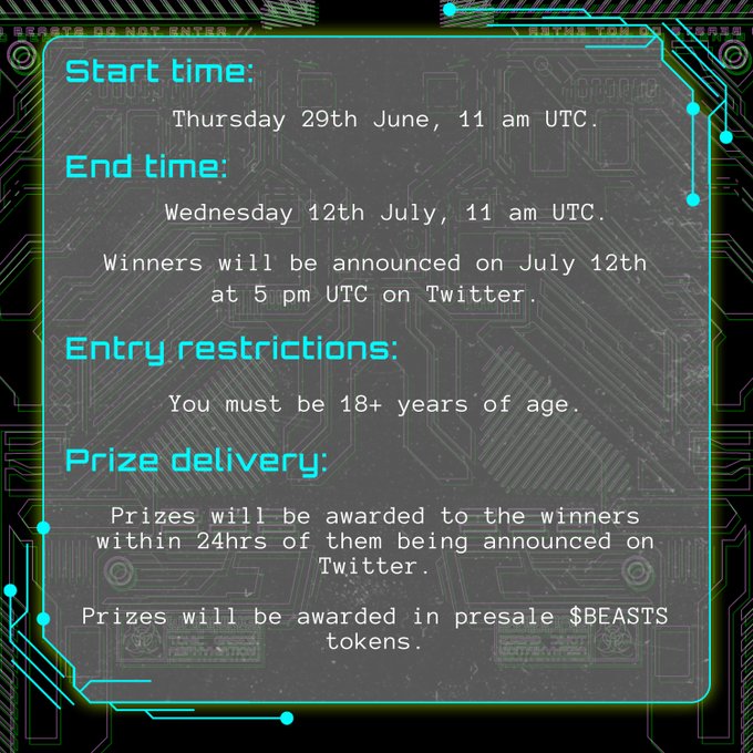 BEASTEREUM's tweet photo. Time is running out‼️🕙
What are you WAITING for HUMANS?😈
Caged Beasts Community Comp is STILL live! 💸

Break the referral record for a chance to win $500 in $BEASTS 🤑 Prizes for TikTok, Instagram, and Twitter engagement. 

 🔗https://t.co/sZS8AnDwxF

#CryptoContest #MemeCoin #CagedBeasts