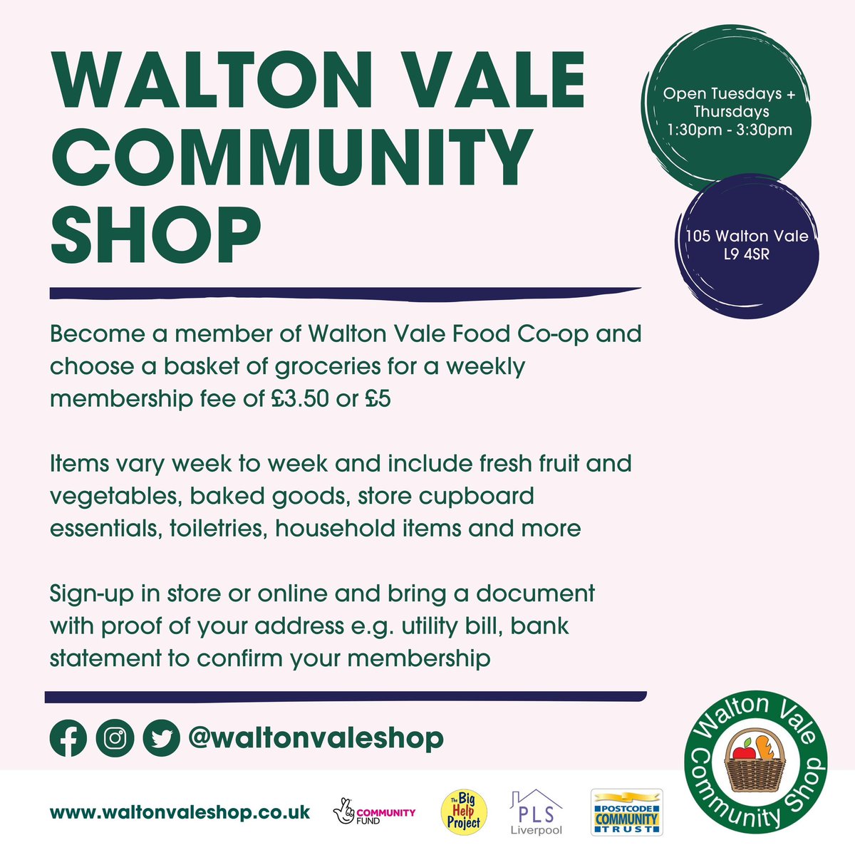 It's our first Thursday opening today! 🤩 How it works: ⏰ We’re open 1:30-3:30pm 🛒 Members pay £3.50 or £5 for a basket of groceries 🍎 Items vary weekly and include fresh fruit & veg, store cupboard essentials, toiletries, household items & more ✅ Open to all in Walton
