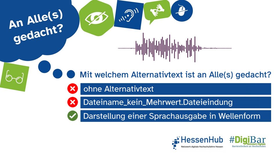 Blinde Menschen können keine Bilder wahrnehmen. Erst mit einem ausdrucksstarken Alternativtext, wie beim Beispiel aus unserem Sammelband doi.org/10.21248/gups.…, ist an Alle(s) gedacht. hessenhub.de/2023/06/06/an-… #DenkBarrierefrei #ThinkAccessible #DigiBar #HessenHub #AnAllesGedacht