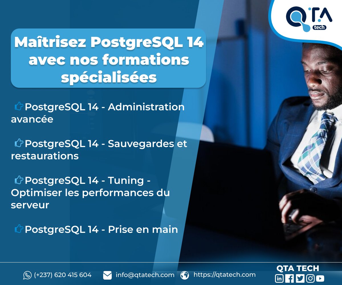 qtatech's tweet image. 🚀 Devenez un pro de #PostgreSQL14 avec nos formations spécialisées ! 💻🎓
💡 Admin. avancée
📂 Sauvegardes et restaurations
⚙️ Tuning pour des performances optimales
✨ Prise en main
Boostez vos compétences en #SGBD avec PostgreSQL 14.
qtatech.com/fr/training?tn…
#Formation