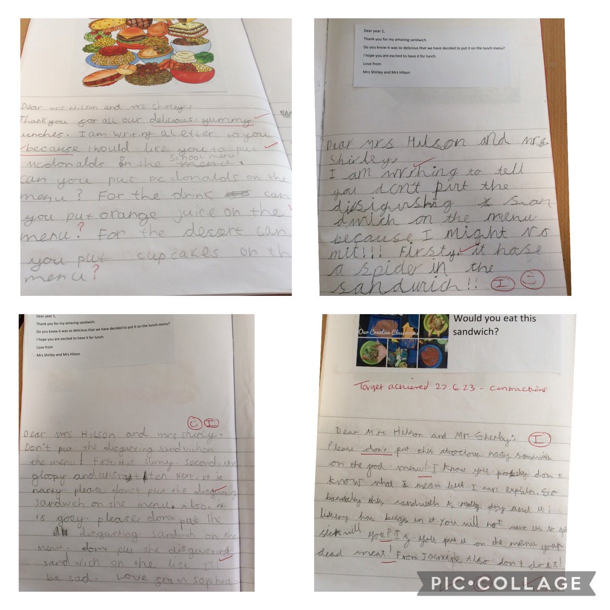 After Mrs Hilson and Mrs Shirley loved Year 1’s disgusting sandwich they considered adding it to the school Menu, but Year 1 managed to persuade them not to with some fantastic persuasive writing. The children even had some Menu suggestions for them.