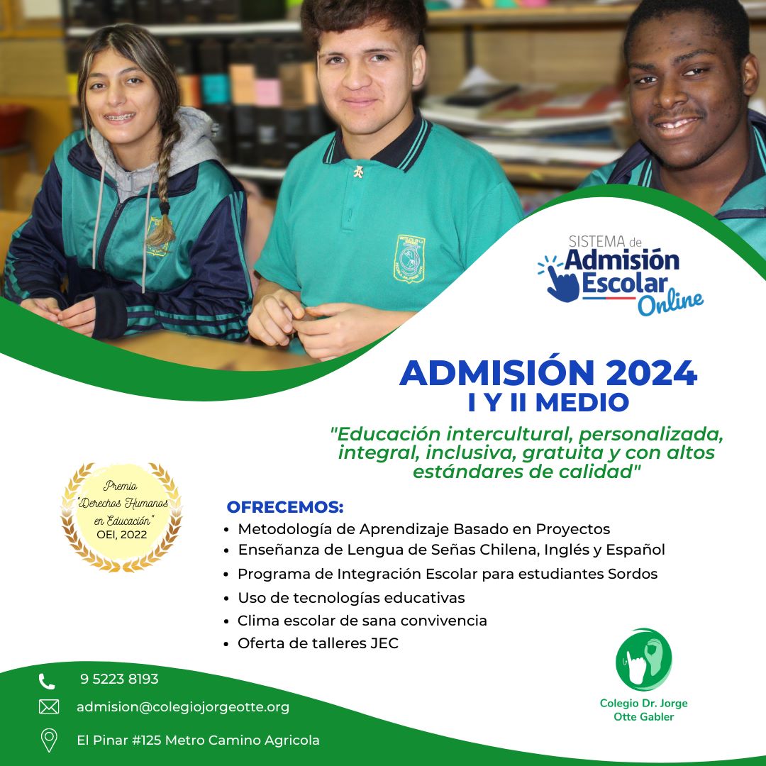 Instituto de la Sordera (@i_delasordera) on Twitter photo Nuestro colegio Jorge Otte comenzó su proceso de #admisión2024 y estamos felices de contarles que hemos iniciado el proceso de #inclusioninversa para estudiantes oyentes de 1° y 2° medio.
Para más información puedes contactarnos a👇
admisión@colegiojorgeotte.org Nuestro colegio Jorge Otte comenzó su proceso de #admisión2024 y estamos felices de contarles que hemos iniciado el proceso de #inclusioninversa para estudiantes oyentes de 1° y 2° medio.
Para más información puedes contactarnos a👇
admisión@colegiojorgeotte.org