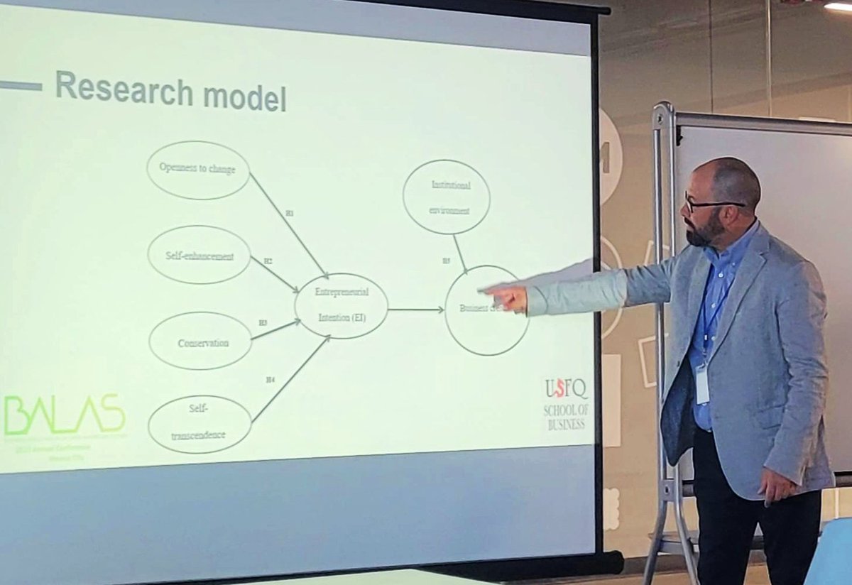 CADEUSFQ's tweet photo. Andrés Proaño, profesor del #USFQ School of Business presentó el artículo "Personal values as determinants of entrepreneurship in a developing country. The case of Ecuador" que trata sobre emprendimiento y valores en #Ecuador 🇪🇨. 

#BusinessIsGood https://t.co/yCjN5Op2r2