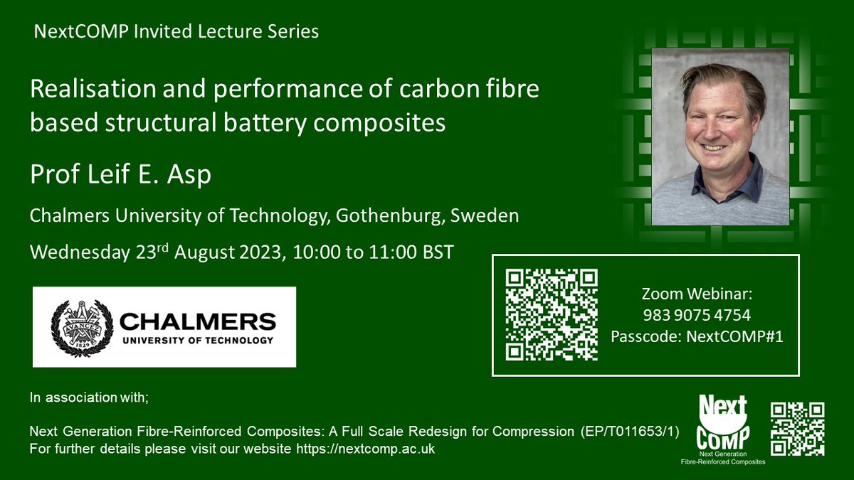 NextCOMP_ac_uk's tweet photo. 📢 Date for your diary!  Join us on Weds 23 August 10:00-11:00 BST.  Hear from @AspLeif on Realisation and performance of carbon fibre based structural battery composites.  In person in Bristol and on Zoom.  See https://t.co/wjWnY45IfE for abstract and full details https://t.co/IVE9oANjfz