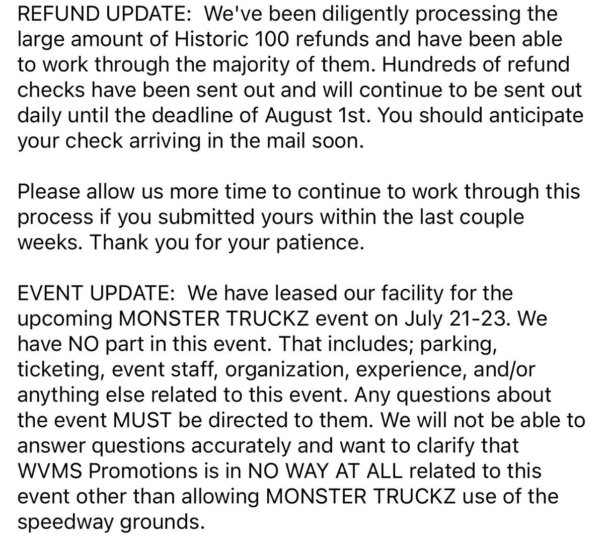Historic 100 refund update and Monster Truckz event update: