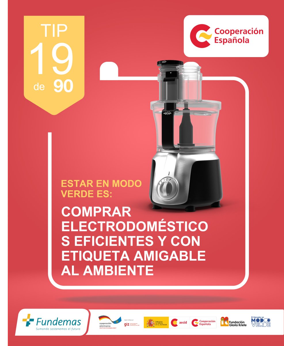 AECIDElSalvador's tweet photo. #TIP19 de 90 Días en 🟢#ModoVerde 🌱🌎🌦️
CONSEJO DEL DÍA:
📺💻 Adquiere electrodomésticos con etiquetas medioambientales, esto ayudará a un mayor ahorro energético en tu hogar y oficina y al mismo tiempo protegerás al medio ambiente.
#CambioClimático #ElSalvadorVerde https://t.co/DG7yTDJE7L