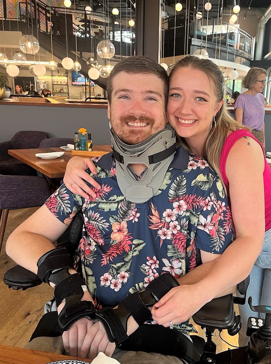 Nearing the end of inpatient rehab, Dylan was focused on using his power wheelchair in the community. To practice in a real environment, his #recreationtherapy team helped facilitate transportation to a restaurant for a dinner date with his wife & parents. #datenight