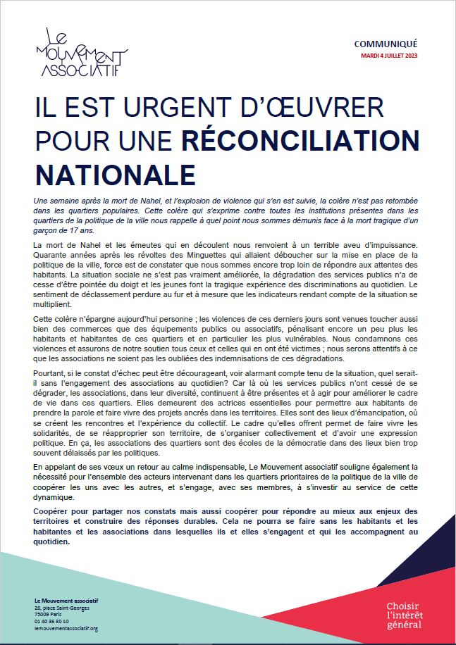 📄 📣 @lemouvementasso réagit face au contexte de colère actuel dans les quartiers prioritaires ✊ Les évènements des derniers jours réaffirment l'importance de l'engagement des associations qui œuvrent quotidiennement pour favoriser le lien social #engagement #associations