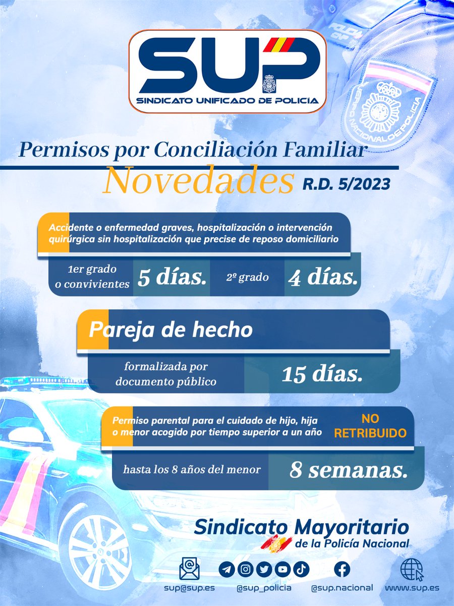 Sup_Policia's tweet photo. Tras las novedades en #PermisosyLicencias del Estatuto Básico del Emepleado Público, estipuladas en el RD 5/2023, os dejamos un resumen⤵️ https://t.co/v7qDLYpkEb