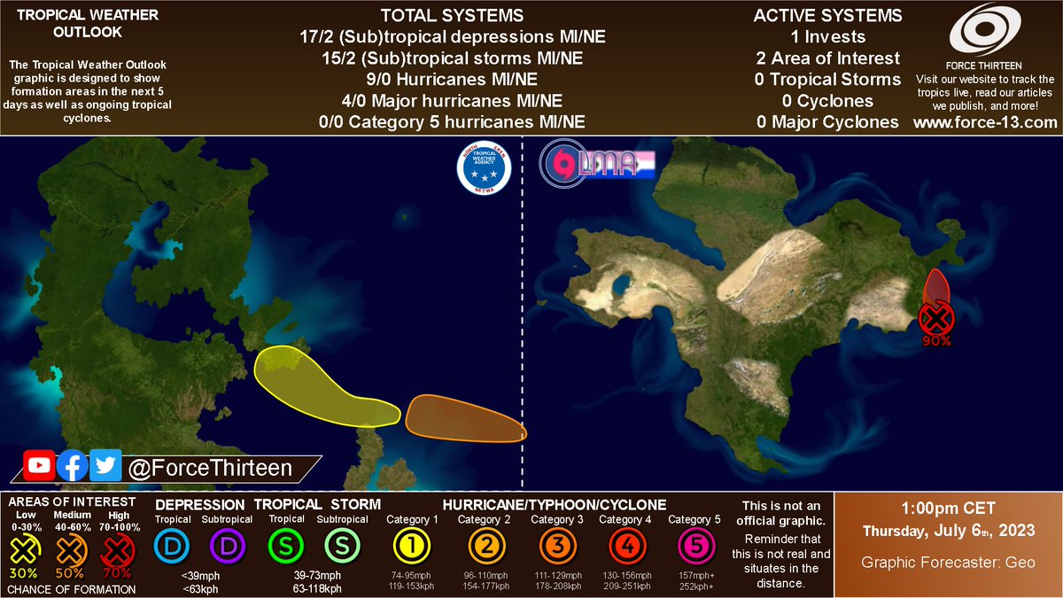 force13infinite's tweet photo. Our hypothetical outlook of our 2 basins Miseo and North Eren of the day. It all starts with an invest ready to develop into a tropical cyclone, agencies are scared that this might bop as a big one, potentially..  On the other side in North eren, we have double area of interests. https://t.co/5u6edD13i1
