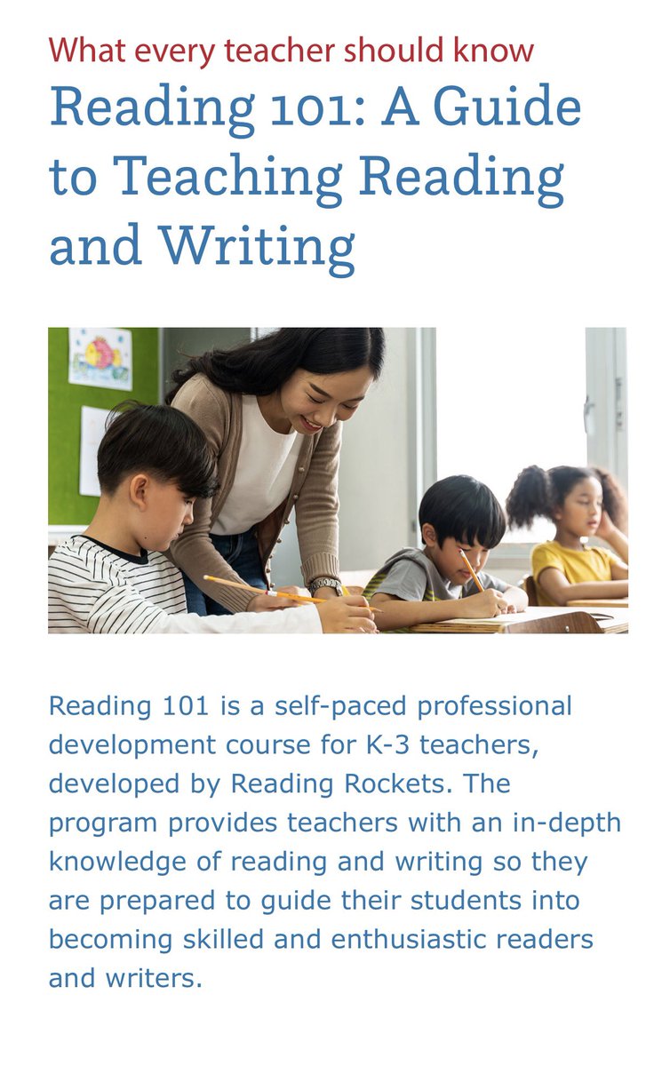 If you’re a teacher looking for some FREE professional development and want to get a head start before the new, revised Ontario Language Curriculum has to be implemented this fall, try this👇🏼

A free, self-paced <a href="/ReadingRockets/">Reading Rockets</a> course on the elements of a Structured Literacy