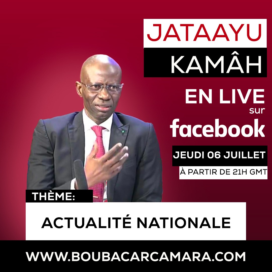 Boubacarcamou's tweet photo. Cher réseau,
heureux de vous retrouver en LIVE FACEBOOK (JATAAYU KAMÂH) sur l'actualité ce jeudi 06 juillet 2023 à 21h00 GMT 
#Jengu #Tabax #Sénégal #kebetu #sénégalais #senegalaise #livefacebook #Actualité #crise #solution #sortie #JATAAYU #Kamâh https://t.co/omFZ7cRqTz
