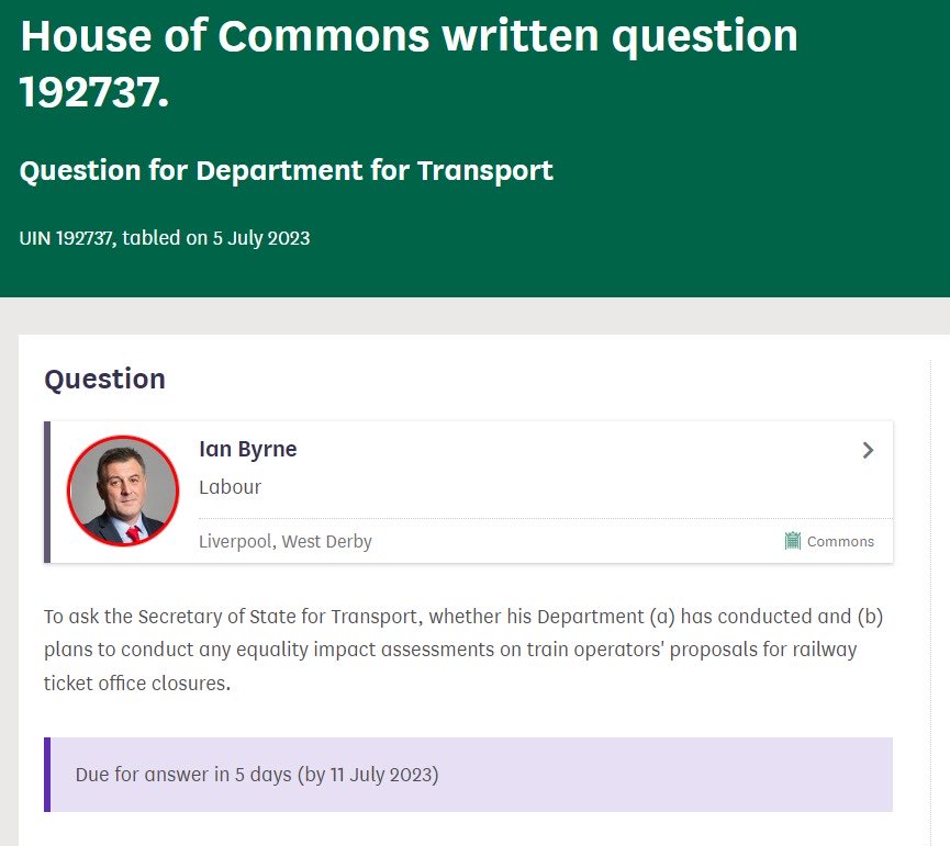 The mass closure of train ticket offices will be a disaster & constituents are worried about accessibility & safety. I've tabled a Parliamentary Question asking the Transport Secretary what Equality Impact Assessments have been undertaken. #SaveTicketOffices ⁦@RMTunion⁩