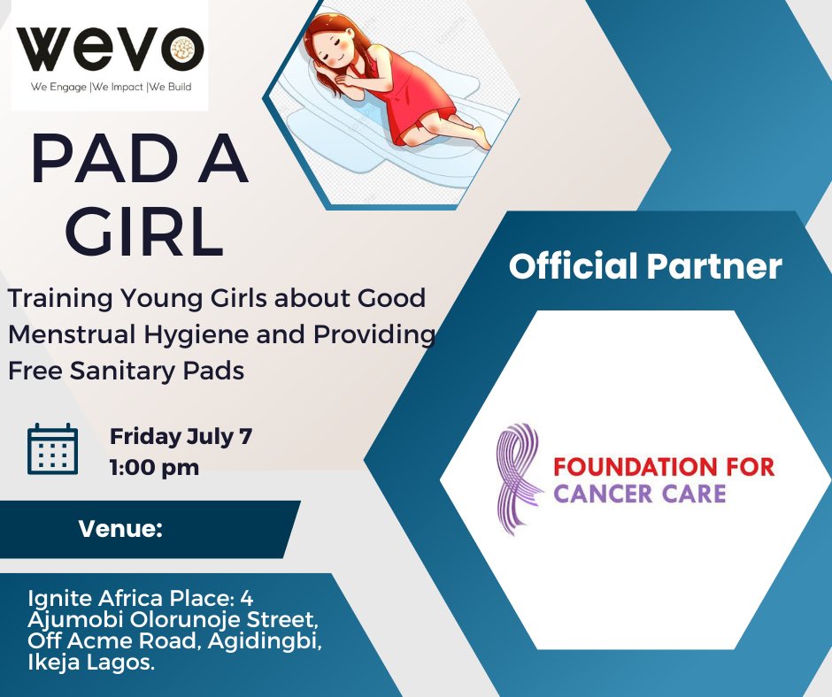WeVo_5's tweet photo. WEVO PAD A GIRL @wevo_5 continues: it feels so good having Foundation for Cancer Care
 as official partner for WEVO PAD A GIRL, together we can  END PERIOD POVERTY &amp; train young girls on how to maintain healthy menstrual lifestyle. 
@MHDay28May @SDGoals 

#periodpoverty #freepad https://t.co/jBwTMS34rL