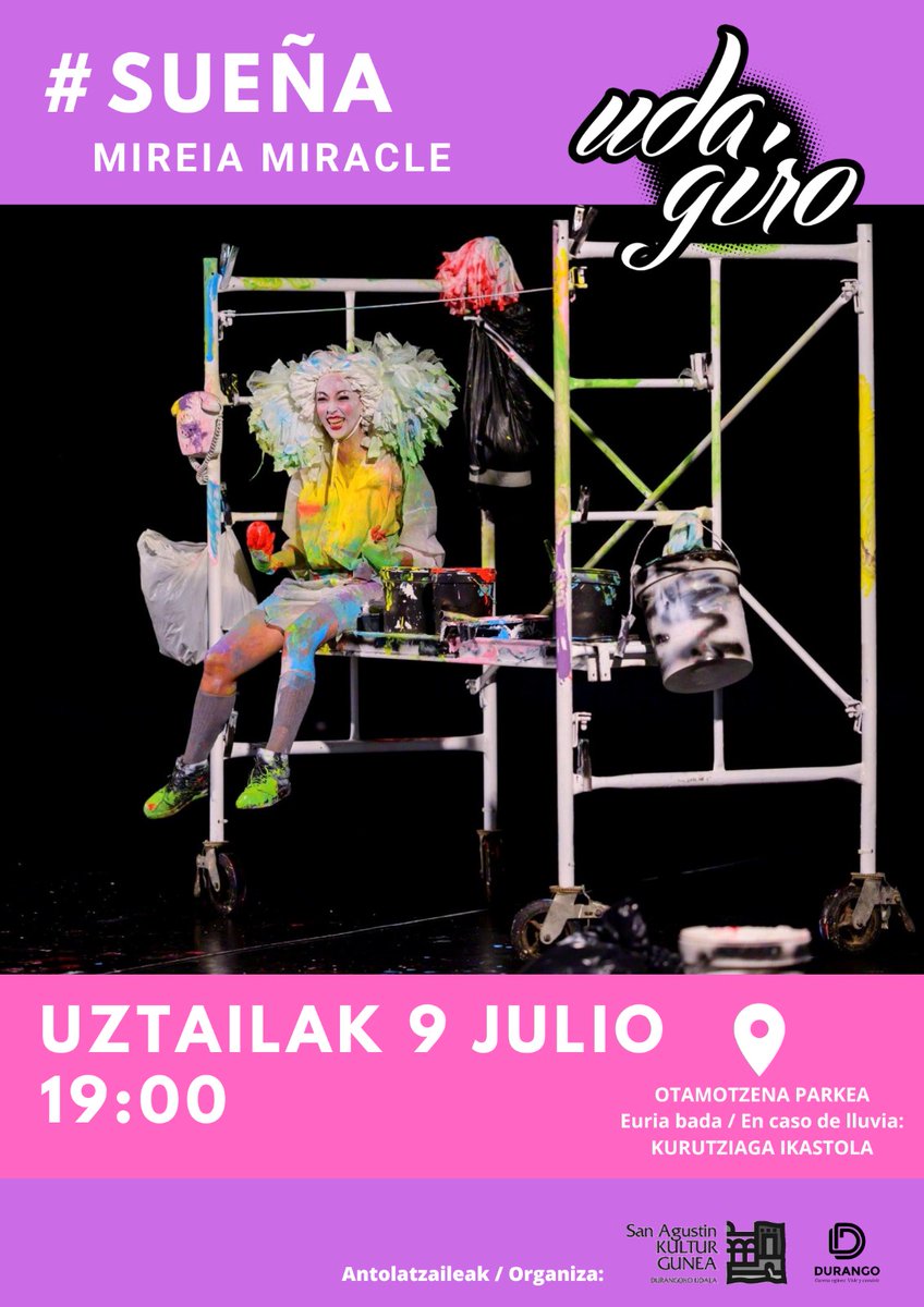Asteon ere UDA GIROri esker badago zelan gozatu.
- uztailaren 7an, 20:00etan ¿En qué piensan los Príncipes?  Mariano Estudilloren eskutik; Benita Uribarrena parkean

-uztailaren 9an, 19:00etan Mireia Miaclek #sueña proposamena luzatuko du, Otamotzena parkean

#Durango #kultura