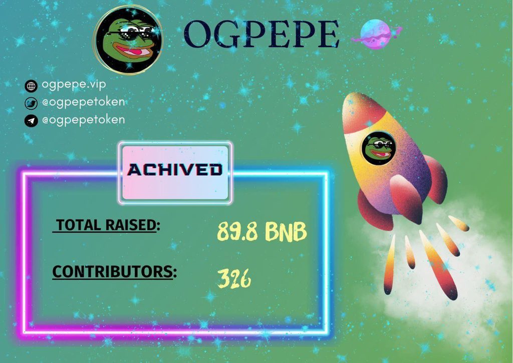 💵 Congratulations! OG PEPE's user Did A Successful New Buy ⚡️ 326 Contributors bought ⚡️ Raised: 89.8 BNB ⚡️ We are grateful for surpassing the goal presale in OG PEPE ⏰Listing: 6 July-12:00 UTC 📝Contract: 0x2b89575F251Bb2C10E9B16260be380582D826789 dexview.com/bsc/0x2b89575F…