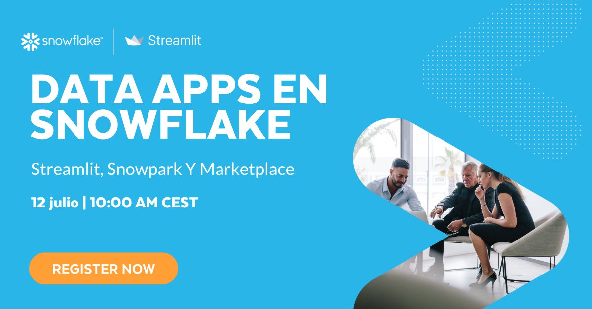 ama1lia's tweet photo. Únete a nuestro webinar sobre Data Apps en Snowflake (Streamlit, Snowpark y Marketplace) el 12 de Julio a las 10 AM, donde te mostraremos: cómo crear Snowpark DataFrames y cargar datos desde Snowflake!

¡Regístrate ya!
https://t.co/RRVOfI5r3h https://t.co/fRlmj2nxYl