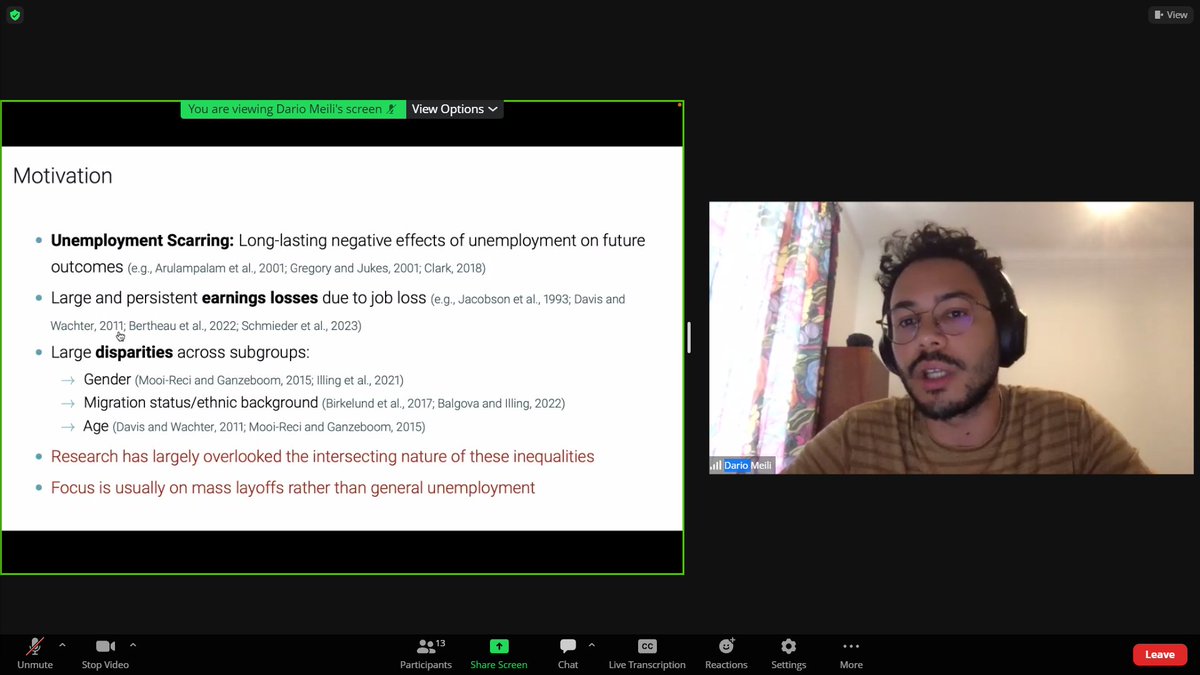 We start this afternoon with a Labour Session! @dario_meili presents his paper titled:

"Intersecting Inequality in Unemployment Scarring: Evidence from the Swiss Labor Market"

<a href="/StephenPJenkin1/">Stephen P. Jenkins (@stephenpjenkin1.bsky.social)</a> will discuss the paper thereafter

👉 You can join us here: univ-amu-fr.zoom.us/wc/8147522993