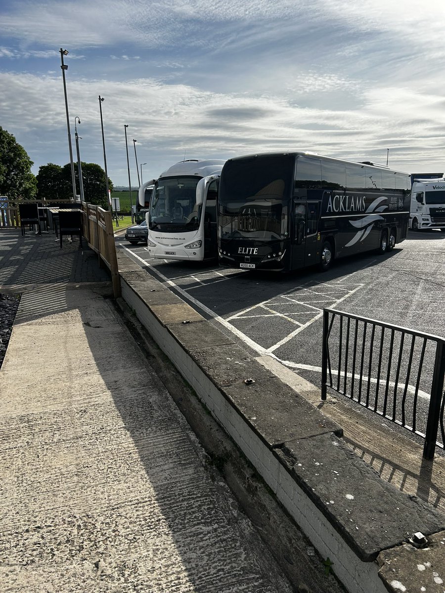 Acklams irizar i6 w80 ack and plaxton elite i w200 ack parked at Woodall services