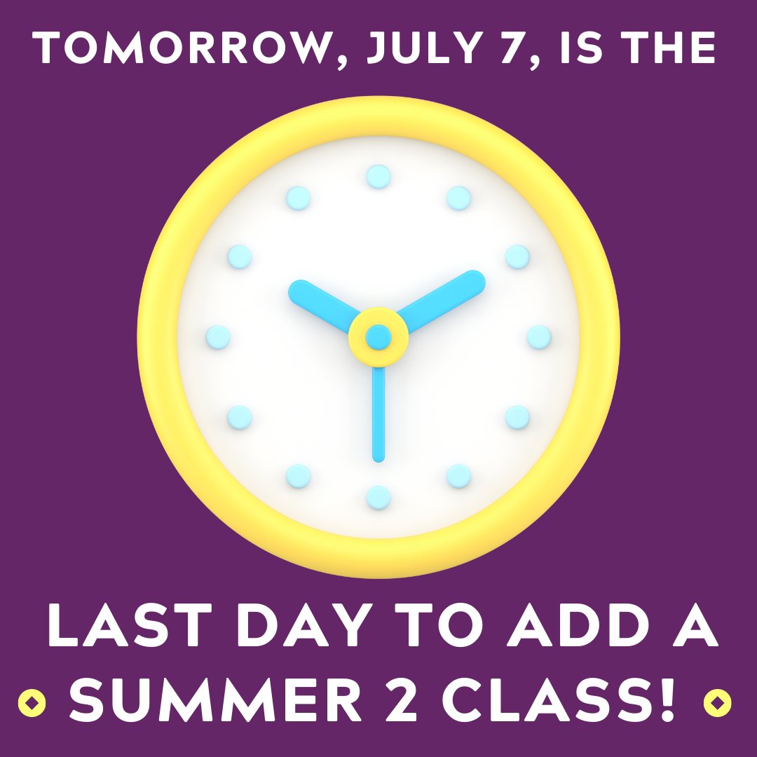 Tomorrow, Friday, July 7 is the LAST day to add a Summer 2 class to your schedule! What are you waiting for?! Check out the timetable and register now! 

#Sociology #SummerClass #Hokies