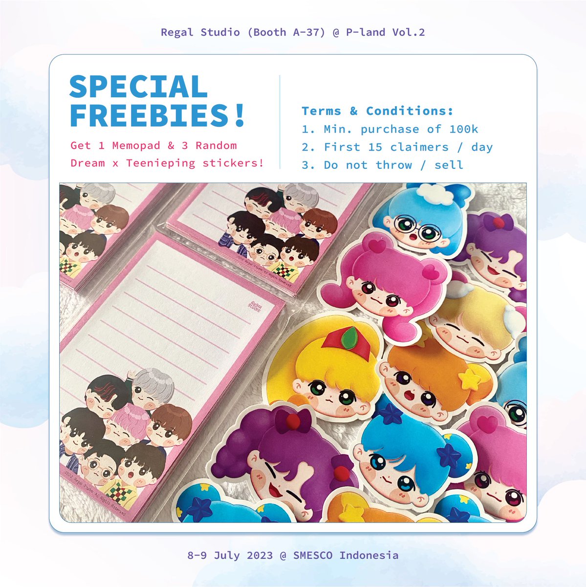 regaldocx's tweet image. ꒰ P-land special freebies ꒱ 💝

♡ 25 pcs non-sticky 7dream memopad 
♡ random glitter-laminated stickers
(design: nct dream x teenieeping)

🔖 tnc applies yaa, pls read on the pic
🌷claim yours at booth A-37, see you!

#plandvol2 #pland