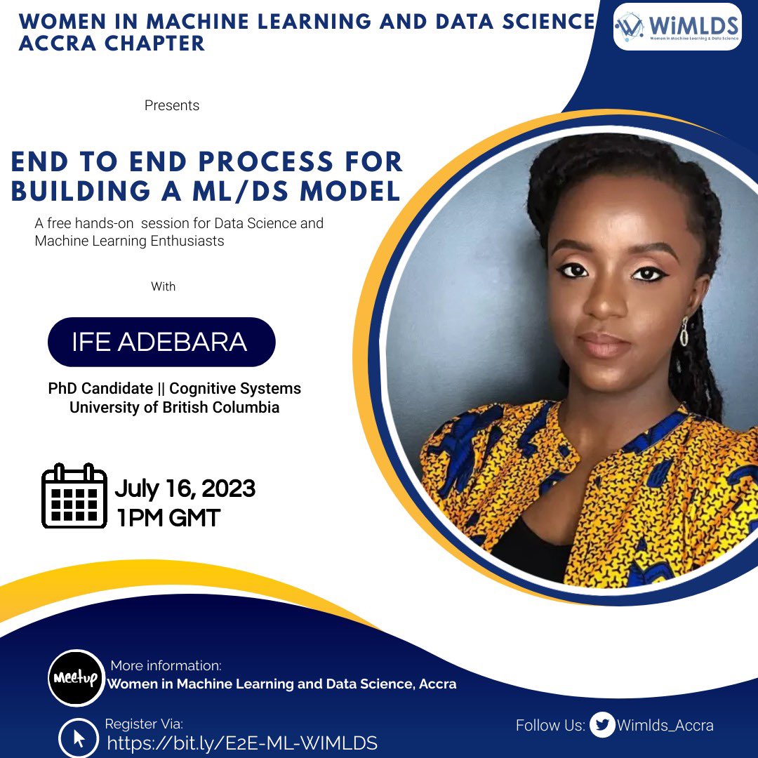 Welcome to the month of July!!! We will be holding our regular meetup on July 16th at 13:00  GMT.
@IfeAdebara #PhD candidate in #CognitiveSystems  will take us through developing an End to End process for building #ML model.
RSVP now at: bit.ly/E2E-ML-WIMLDS #AI  #data