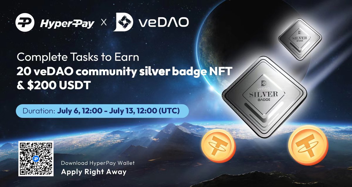 📢Join the exciting #HyperPay &amp; @vedao_official 🎁 #Giveaway on <a href="/taskonxyz/">TaskOn | Ultimate Web3 Community Growth Platform</a> 🙌 and START EARNING🤑

🏆20 veDAO Community Silver Badge #NFT
💰$200 #USDT 

⏲️7 DAYS
👉taskon.xyz/campaign/detai…

#AirdropCrypto #AirdropAlert #NFTGiveaway #TaskOn