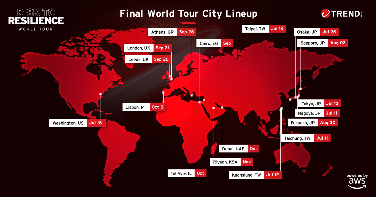 Gav_Evans's tweet photo. Check out all of @TrendMicro's Risk to Resilience World Tour stops for the rest of the year! 

Don’t miss out on the latest insights on how to modernize your risk posture with effective #security strategies. Find a stop near you: https://t.co/CvJ4GnP8mE #TrendMicroWorldTour https://t.co/CBOeTN78OE