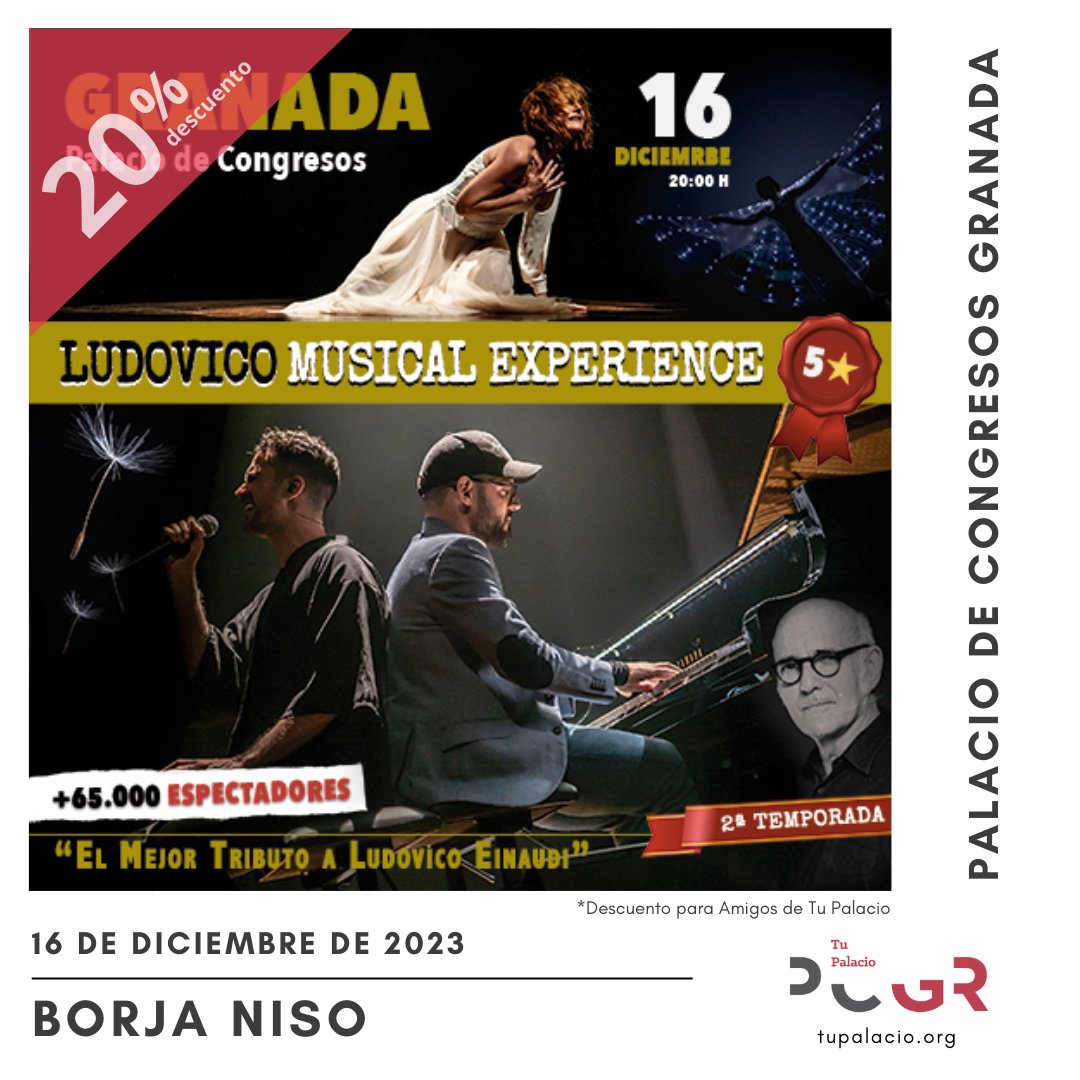 Amigos de Tu Palacio (@amigostupalacio) on Twitter photo 📢 <a href="/borja_niso/">Borja Niso</a> regresa a Granada con su increíble LUDOVICO MUSICAL EXPERIENCE 🎶🎹💫
Si eres de #AmigosdeTuPalacio tienes un 20% DESCUENTO en las entradas.
¿Qué esperas para vivir esta experiencia única?
🎟️ tupalacio.org
#BorjaNiso #Granada #MúsicaEnVivo 📢 <a href="/borja_niso/">Borja Niso</a> regresa a Granada con su increíble LUDOVICO MUSICAL EXPERIENCE 🎶🎹💫
Si eres de #AmigosdeTuPalacio tienes un 20% DESCUENTO en las entradas.
¿Qué esperas para vivir esta experiencia única?
🎟️ tupalacio.org
#BorjaNiso #Granada #MúsicaEnVivo