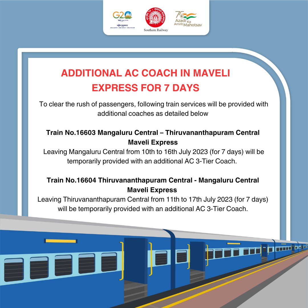 DRMPalghat's tweet photo. Passengers Alert!
The following train services will be provided with additional AC coaches to clear the rush of passengers.
Stay updated for more Rail alerts.
#DRMPalghat #Trainupdates #Trainservices #Railalerts https://t.co/aqMC8q4Qnq